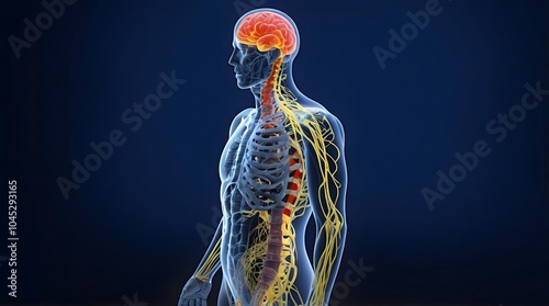 Human Nervous System Highlighting Spine and Nerve Pathways , Medical and Anatomical Representation of Neurology and Health Science	