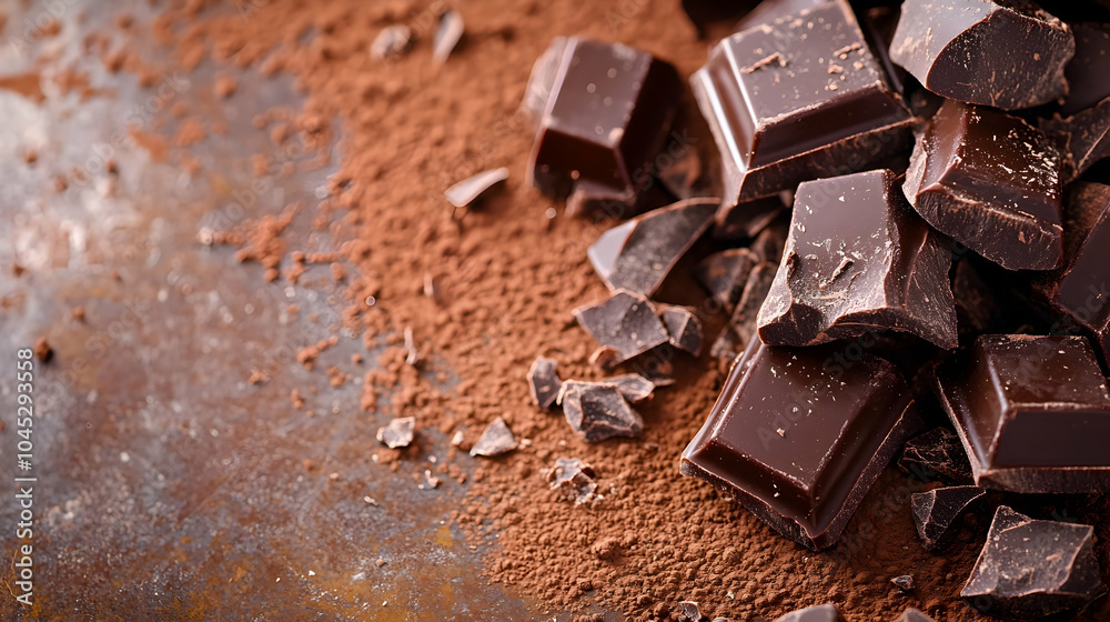 Dark Chocolate Chunks Scattered on a Rustic Brown Surface, Ideal for Culinary and Dessert Themes Dark Chocolate Chunks Scattered on a Rustic Brown Surface, Ideal for Culinary and Dessert Themes