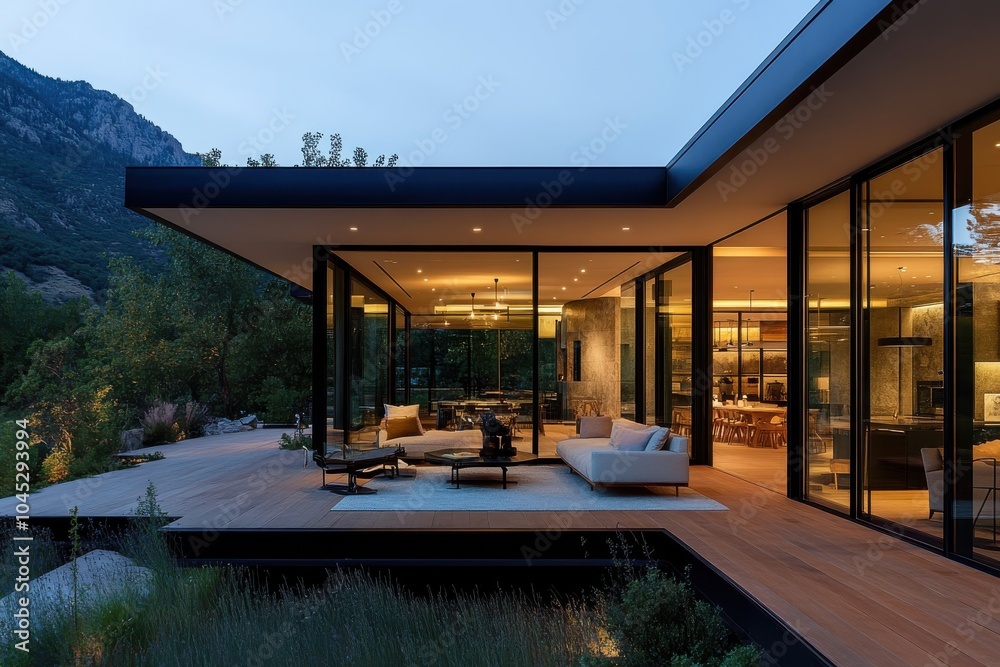 Fototapeta premium A luxurious villa with a glass structure offering breathtaking views of a stunning mountain backdrop, surrounded by beautiful landscaping, elegance meets contemporary style.