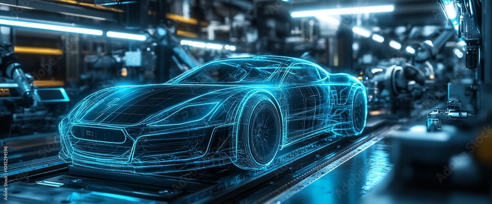 A futuristic car is being assembled on a production line in a factory. The car is made of glowing blue lines, suggesting that it is a digital model or prototype. A futuristic car is being assembled on a production line in a factory. The car is made of glowing blue lines, suggesting that it is a digital model or prototype.