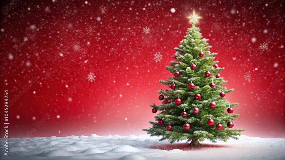 Snowy Christmas tree scene with red background Snowy Christmas tree scene with red background