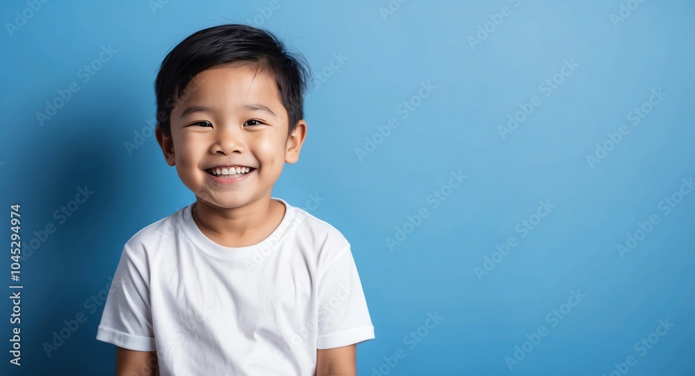 southeast asian kid boy blue background wearing plain white tshirt smiling happy portrait southeast asian kid boy blue background wearing plain white tshirt smiling happy portrait