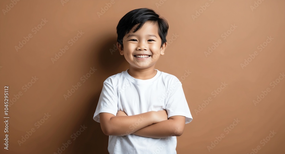 southeast asian kid boy brown background wearing plain white tshirt smiling happy portrait southeast asian kid boy brown background wearing plain white tshirt smiling happy portrait