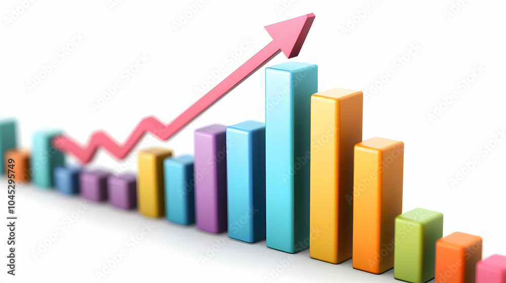 3D Vector Illustration Upward Trending Arrow Bar Chart Financial Growth Icon Modern Aesthetics Vibrant Colors Infographic Business Success Market Trends White Background