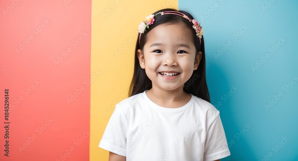 southeast asian kid girl colorful background wearing plain white tshirt smiling happy portrait southeast asian kid girl colorful background wearing plain white tshirt smiling happy portrait