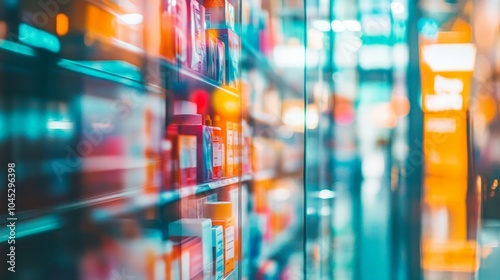 Wallpaper Mural Abstract blurred background of a drugstore with shelves full of medication and healthcare products, vibrant colors of packaging slightly out of focus, emphasizing the wide range of options Torontodigital.ca