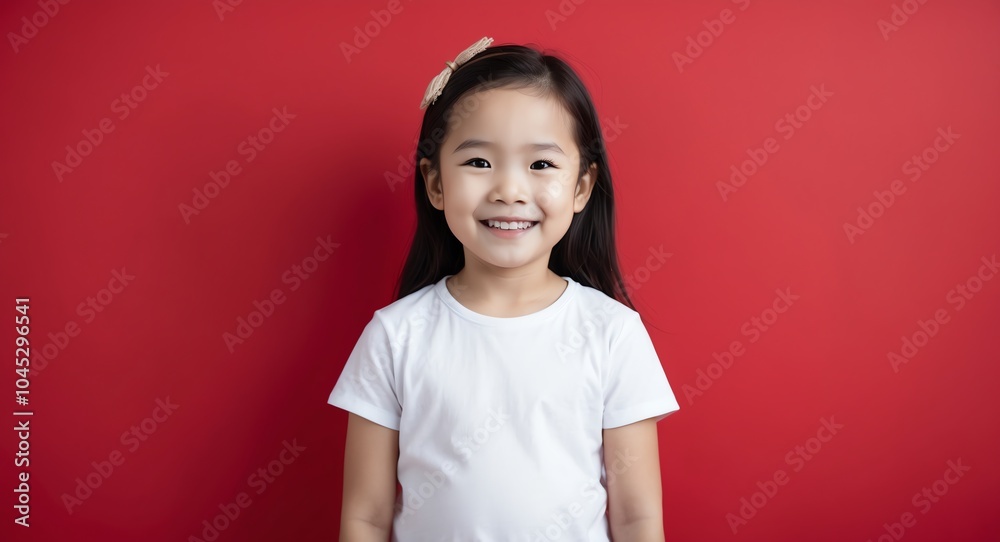 southeast asian kid girl red background wearing plain white tshirt smiling happy portrait southeast asian kid girl red background wearing plain white tshirt smiling happy portrait