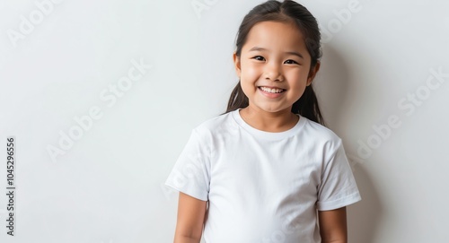 southeast asian kid girl white background wearing plain white tshirt smiling happy portrait