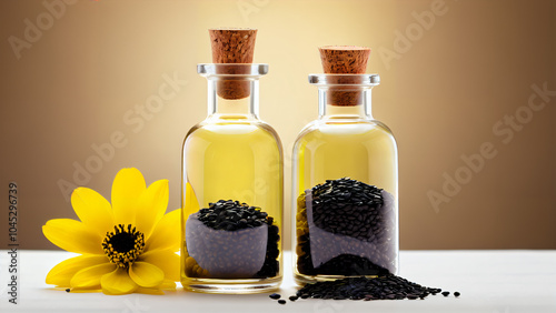Rustic Harmony of Nature: A Glass Bottle of Golden Oil with Sunflower-like Yellow Blooms and Black Seeds on a Wooden Surface, Celebrating Freshness, Organic Beauty, and Wellness