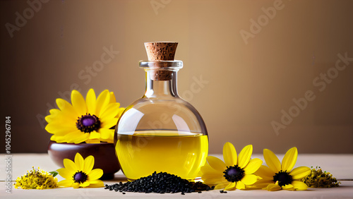 Rustic Harmony of Nature: A Glass Bottle of Golden Oil with Sunflower-like Yellow Blooms and Black Seeds on a Wooden Surface, Celebrating Freshness, Organic Beauty, and Wellness