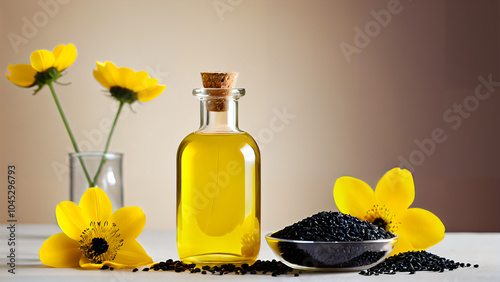 Rustic Harmony of Nature: A Glass Bottle of Golden Oil with Sunflower-like Yellow Blooms and Black Seeds on a Wooden Surface, Celebrating Freshness, Organic Beauty, and Wellness