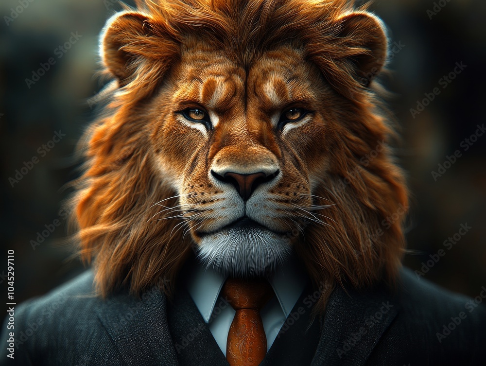 Close-up of an anthropomorphic lion in a formal suit, showcasing authority and confidence for leadership roles and corporate settings. Detailed view of suit and lion. Close-up of an anthropomorphic lion in a formal suit, showcasing authority and confidence for leadership roles and corporate settings. Detailed view of suit and lion.