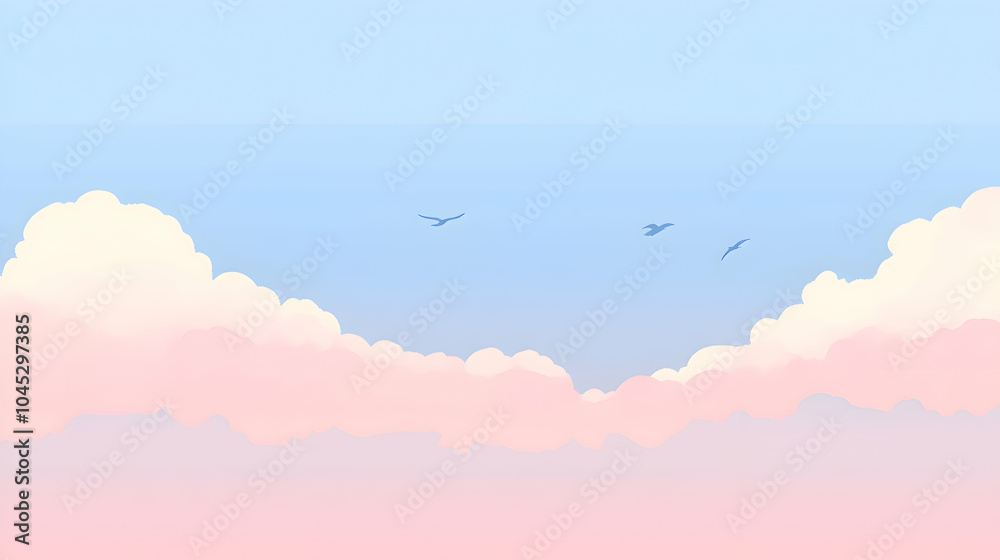 Fototapeta premium A soft gradient anime background transitioning from pastel pink to soft blue, with clouds and birds in the distance, creating a peaceful sky scene