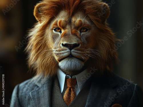 Close-up of an anthropomorphic lion in a formal suit, showcasing authority and confidence for leadership roles and corporate settings. Detailed view of suit and lion. photo