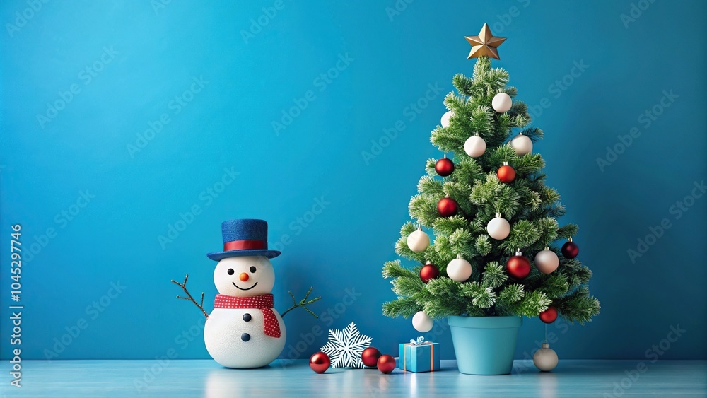 Christmas still life with symmetrical arrangement of Christmas tree and snowman on blue background Christmas still life with symmetrical arrangement of Christmas tree and snowman on blue background