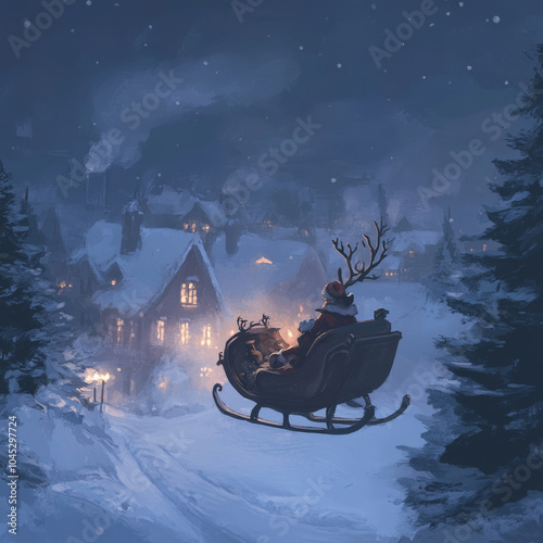 Illustration of Santa Claus Riding a Sled at Night