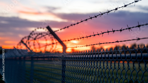 A long chain link fence with barbed wire stretches into istance photo