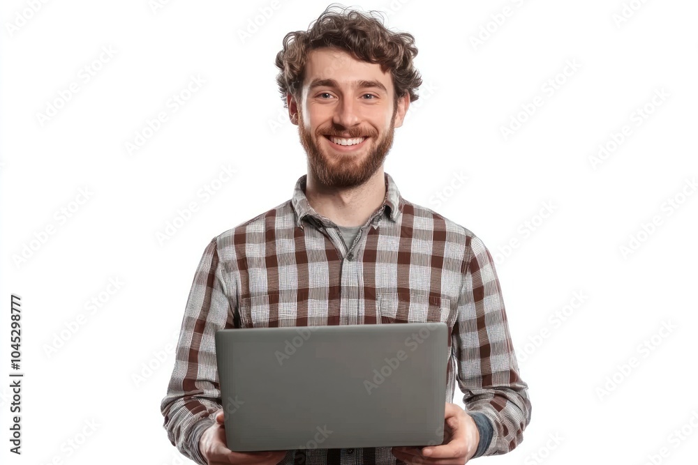 Real young man smile laptop background happy. Real young man smile laptop background happy.