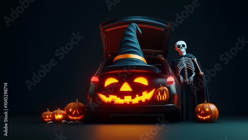 A skeleton and a black robe stood next to a car with Halloween pumpkins filled the back of the sedan. Have a Happy Halloween October traditional holiday idea Three-dimensional illustration