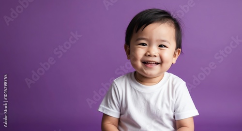 southeast asian toddler boy purple background wearing plain white tshirt smiling happy portrait