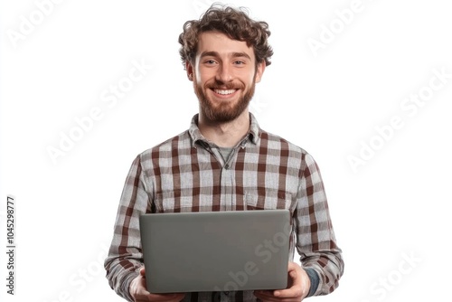 Real young man smile laptop background happy.