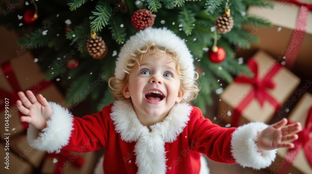Excited Child in Santa Outfit Reaching Out by Christmas Tree Excited Child in Santa Outfit Reaching Out by Christmas Tree