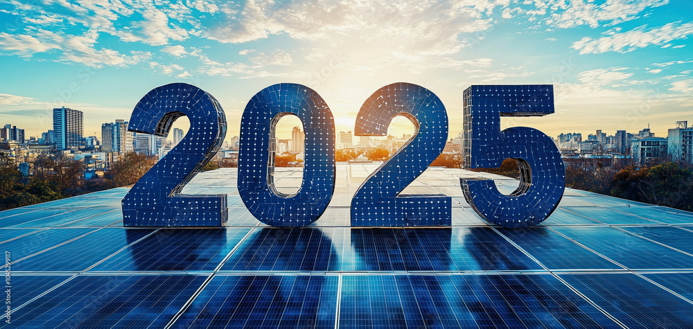 Futuristic 2025 Solar Panels Display Over Modern City Skyline