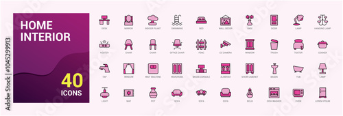 Home Decor colorful line web icon set. Containing decoration, interior designer, renovation, furniture and more. Minimal color icons. Editable vector stroke. Icon names are written in English.