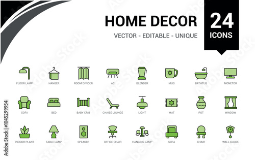 Home Decor colorful line web icon set. Containing decoration, interior designer, renovation, furniture and more. Minimal color icons. Editable vector stroke. Icon names are written in English.