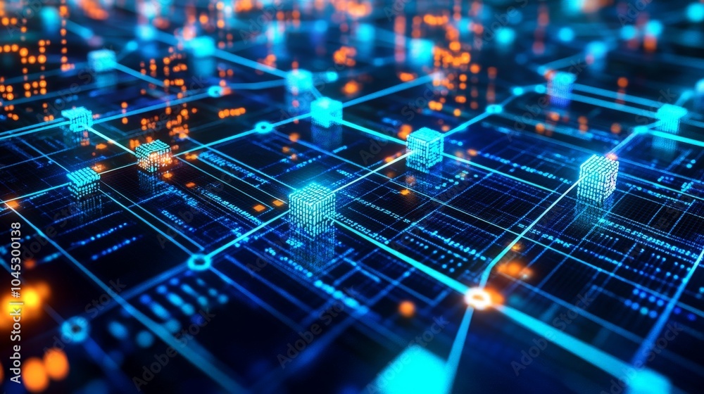 Fototapeta premium A 3D-rendered visualization of a blockchain network, with interconnected blocks glowing in blue and green, surrounded by data points and binary code, symbolizing secure digital transactions