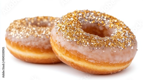 New Year 2025 doughnuts with gold and silver sprinkles, topped with edible glitter, isolated on white background