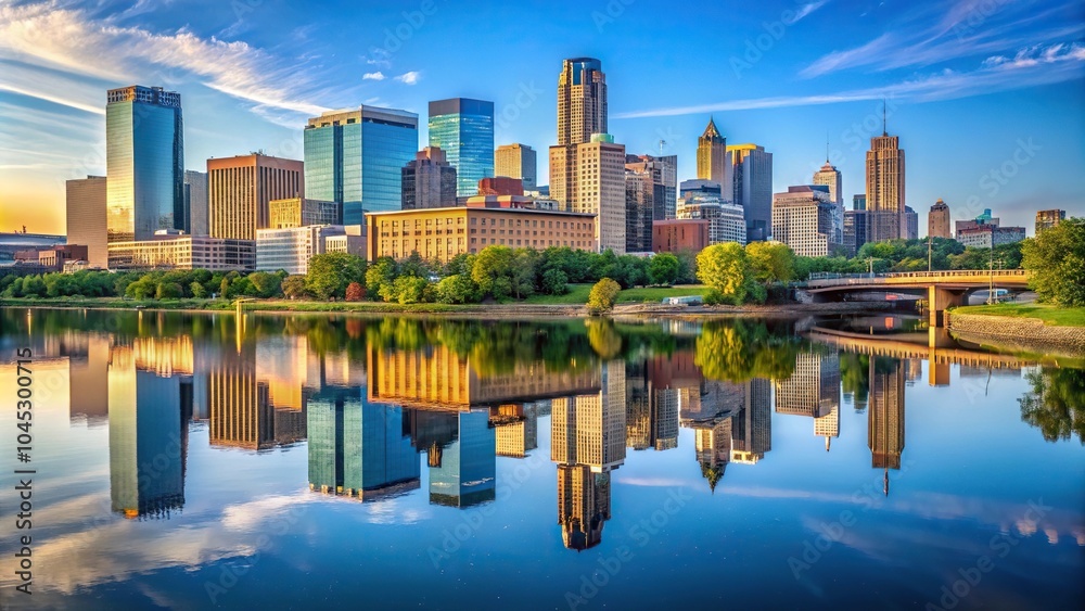 Obraz premium Cityscape of Minneapolis reflecting on the Mississippi River at sunset
