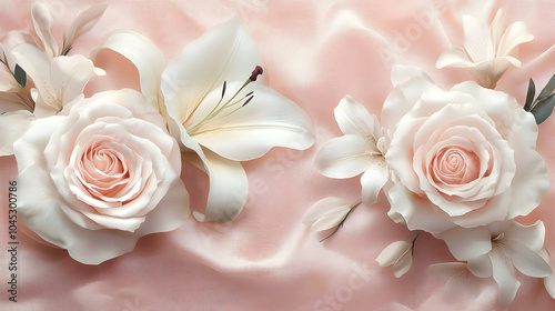 Romantic Floral Design Featuring Roses and Lilies on a Soft Pastel Background