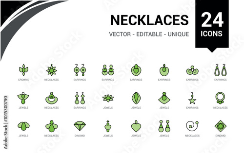 Jewelry colorful icons in linear and filled style. Contains such icons as elegance, boutique, wedding, vintage, glamour, diamond and more. Editable vector stroke. Icon names are written in English.