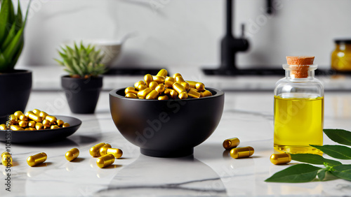 Elegant Presentation of Golden Capsules in Black Bowl on Marble Surface with Contrasting Liquid Bottles, Green Plant, and Natural Aesthetic: A Modern Close-Up of Health, Beauty