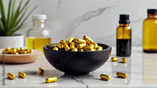 Elegant Presentation of Golden Capsules in Black Bowl on Marble Surface with Contrasting Liquid Bottles, Green Plant, and Natural Aesthetic: A Modern Close-Up of Health, Beauty