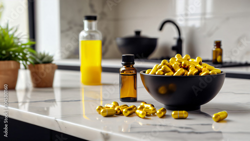 Elegant Presentation of Golden Capsules in Black Bowl on Marble Surface with Contrasting Liquid Bottles, Green Plant, and Natural Aesthetic: A Modern Close-Up of Health, Beauty