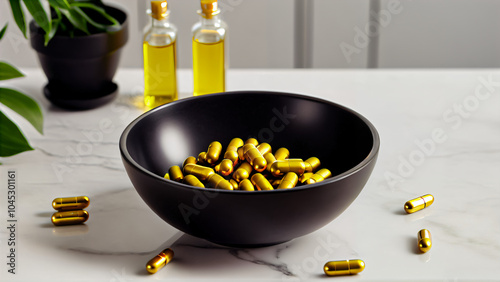 Elegant Presentation of Golden Capsules in Black Bowl on Marble Surface with Contrasting Liquid Bottles, Green Plant, and Natural Aesthetic: A Modern Close-Up of Health, Beauty