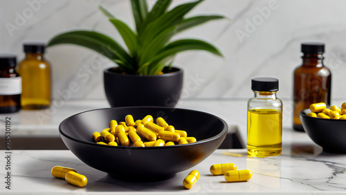 Elegant Presentation of Golden Capsules in Black Bowl on Marble Surface with Contrasting Liquid Bottles, Green Plant, and Natural Aesthetic: A Modern Close-Up of Health, Beauty