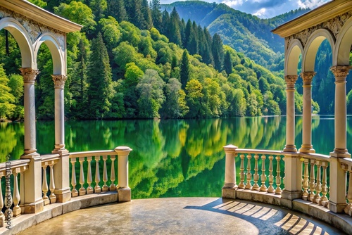 Classic balcony reflection at state residence, Lake Ritsa, Abkhazia photo