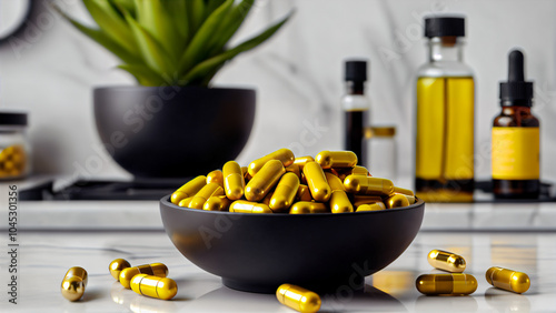 Elegant Presentation of Golden Capsules in Black Bowl on Marble Surface with Contrasting Liquid Bottles, Green Plant, and Natural Aesthetic: A Modern Close-Up of Health, Beauty