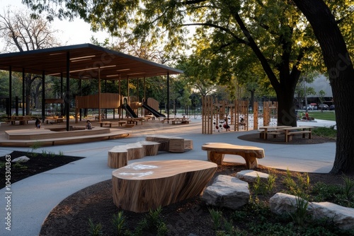 A contemporary park offers innovative layouts featuring play structures and seating, encouraging community interaction and exploration within a natural setting. photo