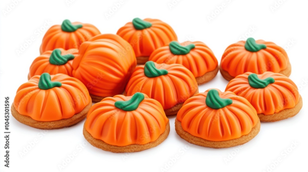 Pumpkin-shaped cookies with bright orange icing and green stems, isolated on white background Pumpkin-shaped cookies with bright orange icing and green stems, isolated on white background