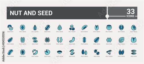 Nut And Seed colorful icon pack. Icons set with soybean, nuts, cocoa, coconut, coffee beans, nuts and seeds and more. Simple icon for mobile and web apps. Icon names are written in English.