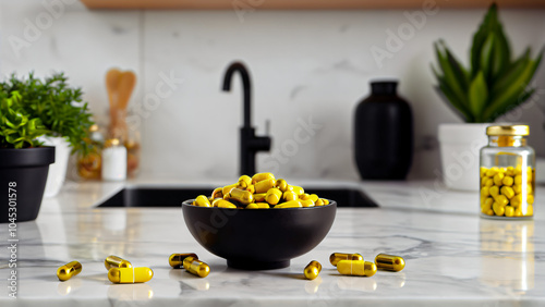 Elegant Presentation of Golden Capsules in Black Bowl on Marble Surface with Contrasting Liquid Bottles, Green Plant, and Natural Aesthetic: A Modern Close-Up of Health, Beauty