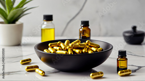 Elegant Presentation of Golden Capsules in Black Bowl on Marble Surface with Contrasting Liquid Bottles, Green Plant, and Natural Aesthetic: A Modern Close-Up of Health, Beauty