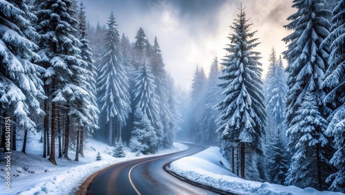 Snowy forest enveloped in fog with winding road