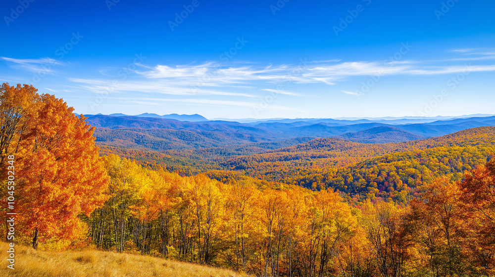 Wide panoramic view of a mountain range in autumn, with a vibrant tapestry of fall foliage and clear blue skies Wide panoramic view of a mountain range in autumn, with a vibrant tapestry of fall foliage and clear blue skies