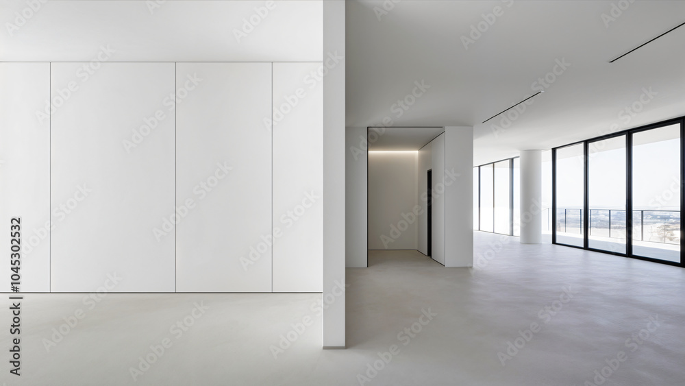 Empty white room with large windows. Vector realistic 3d interior of office, studio, modern living room in house or apartment. Minimal style of room design interior Empty white room with large windows. Vector realistic 3d interior of office, studio, modern living room in house or apartment. Minimal style of room design interior
