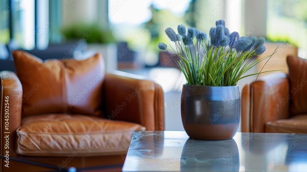 Blue ceramic planter with a vibrant green and blue flower arrangement is adding a touch of life to a modern office space Blue ceramic planter with a vibrant green and blue flower arrangement is adding a touch of life to a modern office space